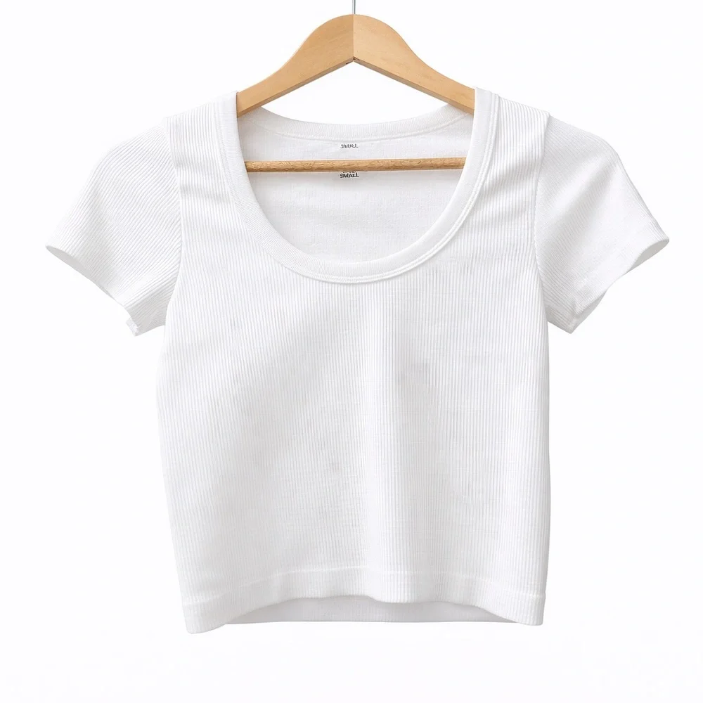 Justify White Ribbed Crop Top Small | Fitted Short Sleeve Scoop Neck - Picture 1 of 4